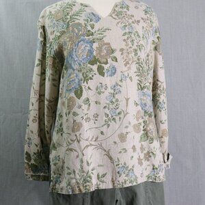 VTG Mishi Linen Tunic Top Women’s *L Floral V-Neck Boho Cottagecore Lagonlook